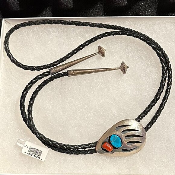 Vintage Navajo Turquoise and Coral Bear Claw Bolo Tie by Thomas Nez - Picture 3 of 9